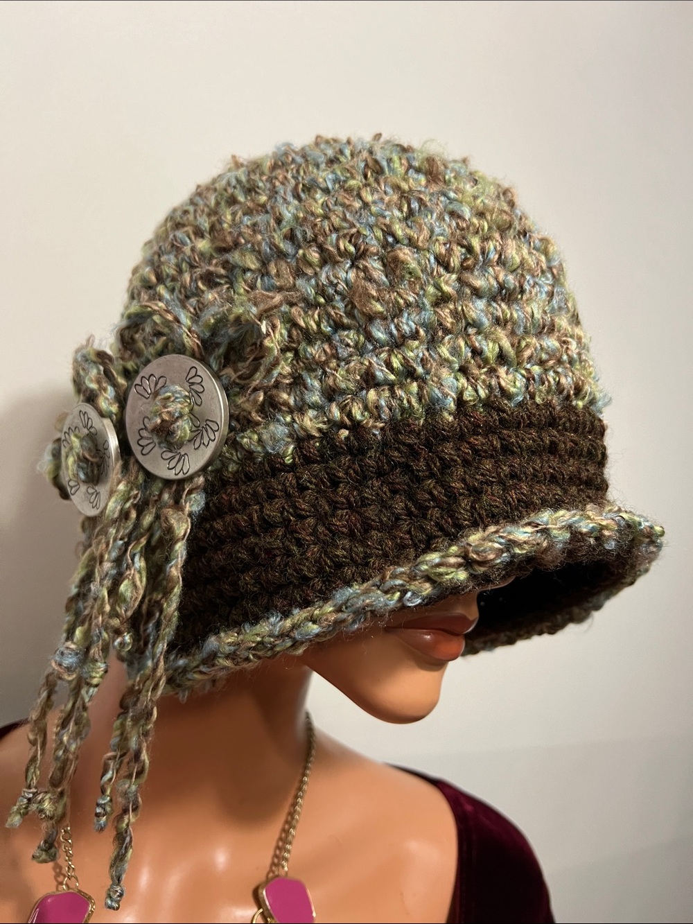 Handmade Multicolor Crochet Cloche Hat with Brown Band
